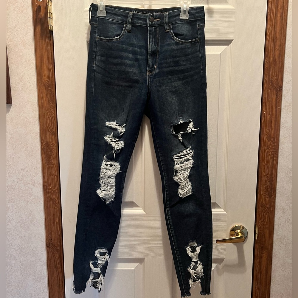 American Eagle Dark Blue Super High Rise Jegging Jeans with Distressed Detailing